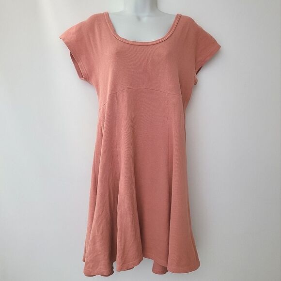 Vintage 90s Salmon Pink Ribbed Short Sleeve Skater Dress L - Picture 1 of 10